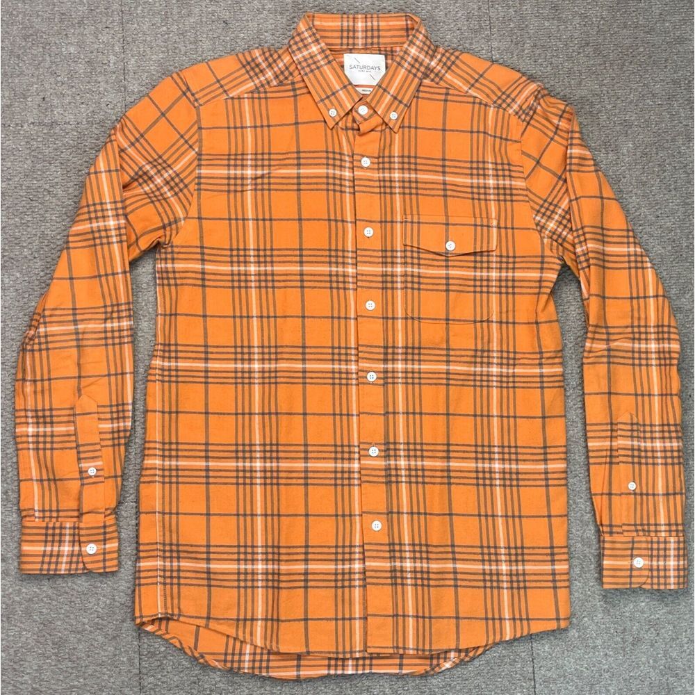 Saturdays Surf NYC Orange Plaid Mens Button Down Long Sleeve Flannel Size Medium